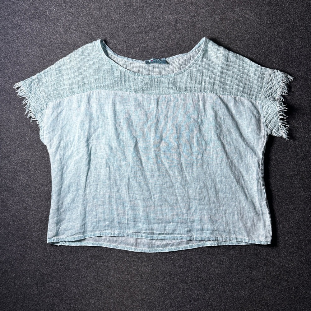Tina Stephens Italy Linen Cotton Top Blue Frayed Crop OS ART 06524